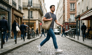 A candid street shot of a man walking quickly through a European neighborhood, wearing mid-wash slim jeans, a classic Breton striped tee, and carrying a beige canvas tote bag.