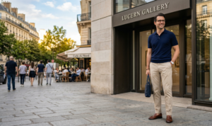 A sophisticated portrait of a man in stone-colored chinos and a fitted navy polo shirt with brown leather loafers, standing near the modern entrance of an art gallery.