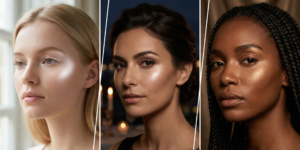 A triptych highlighting soft pearl and champagne highlighter on the cheekbones for an expensive, luminous finish.