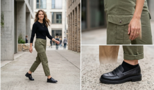 A medium full-length photograph of a poised young woman with warm brown hair tied back, standing against a textured, aged brick and stucco city wall. She is wearing an elevated athleisure look of beige tapered cotton joggers, a white ribbed fitted tank top, and a classic medium-wash blue denim jacket worn open, with clean white leather trainers. She stands relaxed with her hands casually in her pockets, looking slightly off-camera left with a gentle smile. Soft, natural daylight illuminates the scene and the architectural character of the wall.