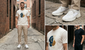 A four-panel quad collage displaying modern streetwear, featuring men in subtle graphic tees, relaxed-fit beige and black chinos, and chunky white sneakers in an urban setting.