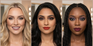 A professional composite of matte full glam makeup featuring full-coverage foundation, sharp contour, and defined matte lips.