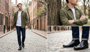 A three-panel collage showing a man walking on a cobblestone street wearing an olive green linen overshirt, a white t-shirt, dark slim jeans, and black leather Chelsea boots, with close-ups of the linen texture and footwear.