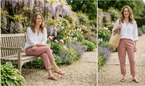 A horizontal 16:9 photo collage diptych capturing an effortless "coastal grandmother" aesthetic with soft, diffused daylight in a lush garden setting. The left panel shows a full-length shot of a woman with wavy brown hair sitting relaxed on a weathered wooden garden bench. She is wearing dusty pink, relaxed-fit chinos cuffed at the ankles, a loose white linen button-down shirt with rolled-up sleeves, and tan flat leather slide sandals. She is looking off-camera with a gentle smile, surrounded by blooming wisteria and pink peonies. The right panel is a full-length standing shot of the same woman on a gravel garden path. She faces the camera with a warm smile, showcasing the relaxed, cohesive silhouette of her outfit. She carries a structured woven straw tote bag with tan leather handles over her right shoulder. The background features a vibrant spring garden with lavender and stone steps, all in a soft-focus natural edit.