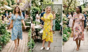 A three-panel triptych of women at a garden party. Left: A woman in a blue floral midi wrap dress. Middle: A woman in a yellow floral wrap dress. Right: A woman in a pink floral wrap dress.