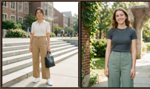 A framed diptych photograph emphasizing breathable linen fabrics in an academic setting. The left panel features a full-body shot of a student standing near a school entrance arch in an oatmeal-colored linen trousers and button-up co-ord set; the right panel shows a different student walking in a pale blue linen trousers and short-sleeve top set.