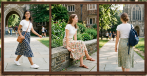 A framed triptych photograph on a sunny university campus. The left panel shows a girl walking in a long navy daisy-print midi skirt and white tee; the center panel shows a girl sitting on a wall in a cream botanical-print midi skirt; the right panel is a back view of a girl in a sage green floral midi skirt carrying a backpack.