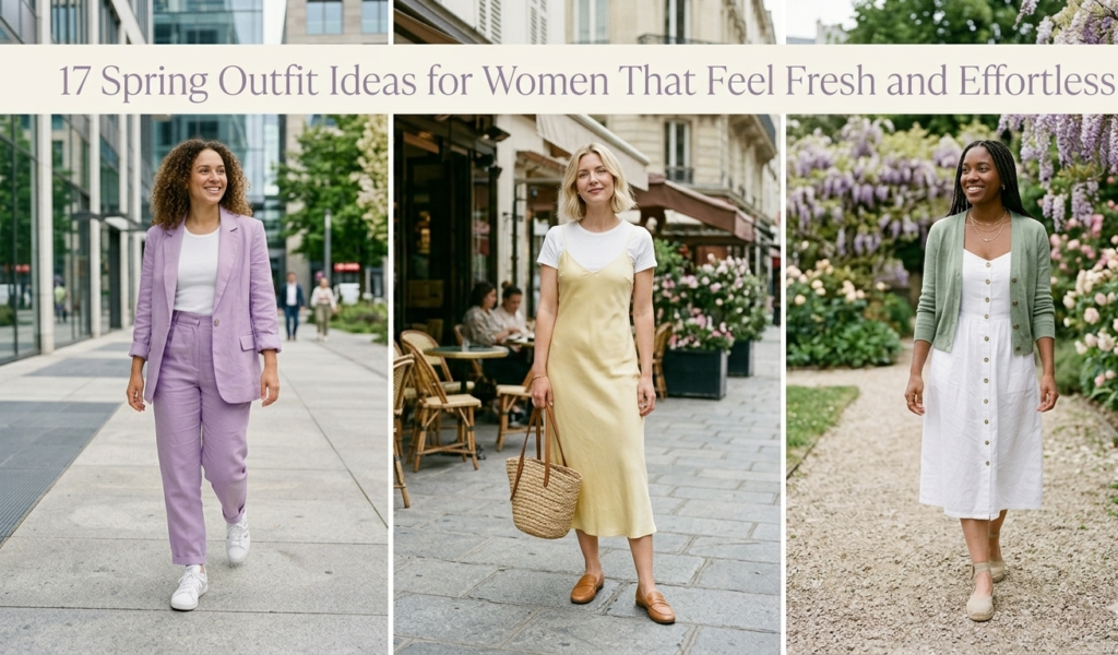 "A three-panel triptych feature image with text '17 Spring Outfit Ideas for Women That Feel Fresh and Effortless' showing different women in spring fashion: a lavender suit, a yellow slip dress over a white tee, and a sage green cardigan with a white dress."