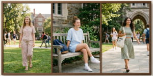A framed diptych photograph of casual high school outfits in an outdoor hallway. The left panel shows a student standing by blue lockers in light-wash jeans, a tucked white tank top, and an oversized chunky knit lavender cardigan; the right panel shows a different student walking and laughing in loose light-wash denim, a white fitted tee, and a fitted button-up buttery yellow cardigan.