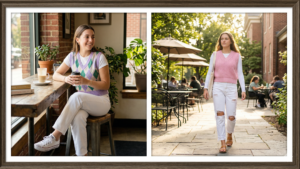 A framed diptych photograph of romantic style on campus stone steps. The left panel shows a full-body shot of a girl walking up steps in a cream tiered cotton prairie skirt and an open oatmeal cardigan; the right panel is a closer shot of a girl holding a notebook, wearing a dusty rose prairie skirt and a fitted, buttoned cream cardigan.