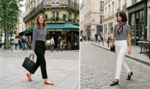 A two-panel diptych of women on a European street. Left: A woman in a navy striped Breton tee and black tailored trousers. Right: A woman in a black and white striped tee, white trousers, and a silk neck scarf.