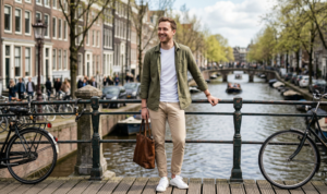 A candid portrait of a man standing on a traditional Amsterdam bridge, wearing sand chinos, a white tee, and an open olive-green overshirt, with blurred canals and buildings behind him.
