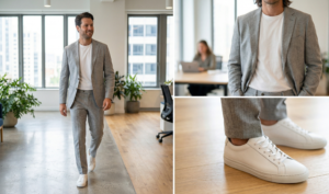 A three-panel collage set in a modern office, showing a man wearing a relaxed light grey unlined suit over a plain white crew-neck t-shirt, paired with clean white leather sneakers.