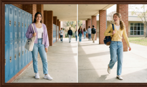 A framed triptych photograph taken on a warm school campus day. The left panel features a girl walking in loose denim Bermuda shorts and an open blue-striped shirt; the center shows a girl in 5-inch inseam dark-wash denim shorts and a navy gingham shirt; the right panel is a back view showing appropriate length denim shorts and a pink button-down shirt.
