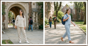 A framed triptych photograph of high school students in coordinated sets on a sunny quad. The left panel shows a full-body shot of a girl in a soft pink and green ditsy floral blouse and wide-leg pants set; the center panel shows a girl sitting on a bench in a pale blue striped linen shorts and relaxed top set; the right panel is a candid shot of a student walking in a sage green floral skirt and matching crop top.