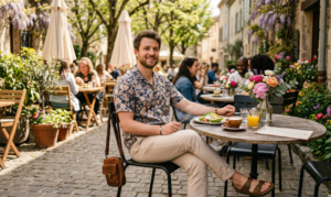 A relaxed portrait of a man sitting at an outdoor cafe table with blooming flowers, wearing a patterned floral shirt, light chinos, and leather sandals during a late spring brunch.