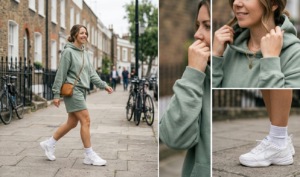 A horizontal 16:9 photo collage showcasing a cozy-chic athleisure look in a relaxed urban setting. Left Panel (Full Shot): A full-length candid shot of a woman with wavy brown hair walking confidently on a city sidewalk. She is wearing a matching sage green sweat set consisting of an oversized hoodie and relaxed sweat shorts. The look is paired with white ribbed crew socks and chunky white sneakers. She carries a small tan leather crossbody bag. The background features traditional brick townhouses and blurred pedestrians under soft morning light. Right Panel (Action & Detail): A composite of three detailed shots. Top: A candid close-up of the woman adjusting her hoodie, highlighting the soft texture of the sage green fabric and her dainty gold layered necklaces. Middle: A focus on the cuffed sleeve of the hoodie, emphasizing the knit texture. Bottom: A sharp close-up of the footwear, showing the chunky white "dad" sneakers and the texture of the white ribbed socks against the pavement. The entire collage has a natural, documentary-style edit with soft lighting.