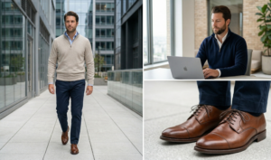 A three-panel collage showing men in smart casual office wear, featuring stone and navy merino wool quarter-zip jumpers layered over collared shirts, with navy chinos and brown leather derby shoes.