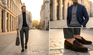 A three-panel high-fashion editorial collage of a man wearing a linen blazer over a fine-knit turtleneck, grey tailored trousers, and dark brown suede loafers, walking down a street at sunset.