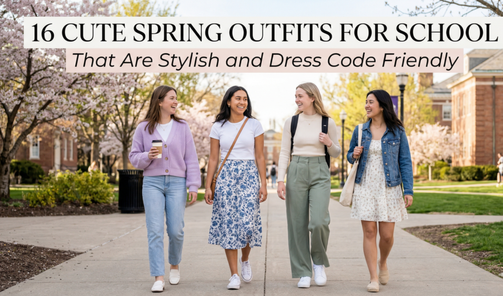 A wide-angle, full-body photograph of four cheerful young university students walking together down a paved campus pathway during a sunny spring afternoon. The path is lined with blooming cherry blossom trees with pink flowers and green grass, with historic red brick college buildings in the background under a blue sky. From left to right: One woman wears light blue jeans, white loafers, a lavender cardigan over a white top, and holds a coffee cup. The second wears blue patterned skirt, a white t-shirt, white sneakers, and a crossbody bag. The third wears green wide-leg trousers, white sneakers, a cream ribbed top, and carries a black backpack. The fourth wears a white patterned sundress, white loafers, and a denim jacket, holding a large white tote bag. At the top of the image, a text overlay reads "16 CUTE SPRING OUTFITS FOR SCHOOL" in large bold serif letters, and below it on a light pink banner, "That Are Stylish and Dress Code Friendly" in a script-like font.