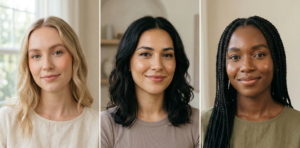 A clean and chic minimal glam aesthetic featuring a fresh base, brushed brows, and a simple lip oil for daily elegance.