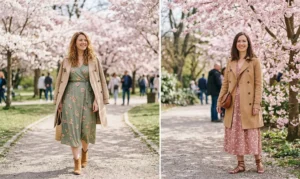 A two-panel diptych of women in a blooming cherry blossom park. Left: A woman in a sage green floral midi dress with a beige trench coat draped over her shoulders. Right: A woman in a dusty pink floral dress wearing a camel trench coat and strappy sandals.