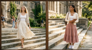 A framed diptych photograph showing smart-casual style in a busy school courtyard. The left panel is a full-body shot of a student walking confidently in an unstructured light beige cotton blazer, light-wash straight-leg jeans, and white tee; the right panel shows a different student standing by brickwork, wearing a soft pastel blue linen blazer, medium-wash slim-fit jeans, and a gray tee.