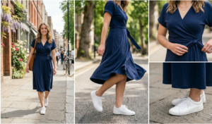 A horizontal photo collage diptych with natural, clean daylight and a relaxed, candid photography style, showcasing a versatile and comfortable casual dress. The left panel is a full-body medium shot of a poised young woman with shoulder-length wavy brown hair and a broad, natural smile, identical to the person in the other panels. She is walking confidently from left to right along a detailed cobblestone street in a European town, framed by flowering wisteria, roses, and period brick buildings, consistent with the street in image_11.png. She is wearing a navy blue jersey wrap midi dress with short cuffed sleeves. A brown leather tote bag is over her left shoulder, and she holds the bag strap with her right hand. On her feet are clean white leather sneakers detailed from image_11.png and image_15.png, showing their texture on the cobblestones. The right panel is vertically stacked. The top portion is a detailed close-up, stacked vertically. This shot is a tight close-up focused tightly on the intricate wrap tie detail at the waist of the navy blue jersey dress, showcasing the texture of the fabric and the precisely tied knot. The woman's simple gold layered necklaces are consistent from image_15.png and image_25.png. Below this, the stack provides a sharp focus vertically down. The bottom portion is a sharp, macro close-up focused on her lower legs and feet. She is mid-stride on the textured cobblestone pavement, highlighting the specific pair of clean white technical sneakers from image_11.png and image_15.png, showcasing their laces, side profile, and texture against the worn cobblestones. Depth of field is varied; the left panel provides context, while the right stack provides sharp macro detail. The woman’s simple gold necklaces are consistent across all panels. The collage is horizontally oriented, split by a clean vertical white border.