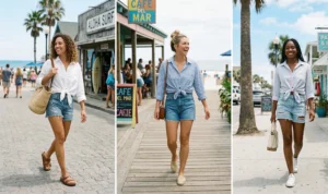 A three-panel triptych of women on a beach town street. Left: A woman wearing a white linen shirt tied at the waist with denim cutoffs. Middle: A woman wearing a blue striped tied shirt and denim shorts. Right: A woman wearing a pastel checkered tied shirt and distressed shorts.