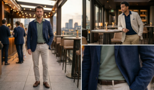 A three-panel collage capturing an evening rooftop event, featuring men wearing unstructured blazers layered over tucked polo shirts, chinos, and brown leather penny loafers.