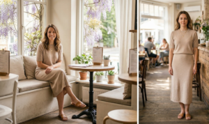 A horizontal photo collage diptych capturing an elevated athleisure look. The Left Panel (Full Outfit) is the photograph of the woman from image_8.png, standing poised against the textured city wall, wearing the beige tapered cotton joggers, a white ribbed fitted tank top, and an open classic blue denim jacket with clean white trainers. The Right Panel (Detail) is a tightly framed close-up focus shot highlighting the intersection of the textures of her outfit: the coarse, diagonal twill weave and metal button details of the open blue denim jacket; the fine, close-knit ribbing texture of the white cotton tank top; and the smoother, soft-woven texture of the beige cotton joggers. The textures are sharp and clear under soft natural daylight.