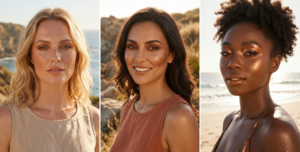 A triptych of sun-kissed bronzed goddess makeup with copper tones and sculpted features under natural golden hour light.