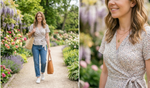 A horizontal 16:9 photo collage (diptych) featuring a woman in a casual yet detailed spring outfit, set against a vibrant, blooming garden background. Left Panel (Full Shot): The woman is walking forward on a gravel garden path, smiling at the camera. She wears a cream-colored wrap top with a subtle, dark ditsy floral print, medium-wash straight-leg jeans with cuffed hems, and clean white sneakers. She is carrying a woven straw tote bag over her right shoulder and a structured tan leather tote bag in her left hand. The path is lined with colorful flowers like lavender, roses, and wisteria. Right Panel (Detail Focus): A close-up focus shot from the chest up, highlighting the details of her outfit. It shows the V-neckline of the wrap top, the delicate floral fabric print, and a side view of her face as she smiles. She is wearing dainty gold layered necklaces and small gold stud earrings. The background is a soft, colorful bokeh of garden flowers. Both panels are captured in natural afternoon daylight with a soft background blur to emphasize the subject.