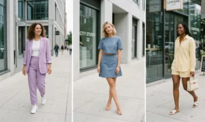 A three-panel triptych featuring women in matching sets on a modern city street. Left: A woman in a lavender linen blazer and trouser set. Middle: A woman in a dusty blue crop top and skirt set. Right: A woman in a butter yellow shirt and shorts set.