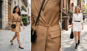 A group of four friends laughing together while sitting on a beach, building a sandcastle with buckets and shovels, with ocean waves in the background.