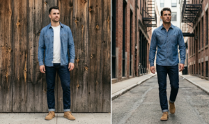 A diptych showing a man wearing a blue chambray shirt over a white t-shirt, raw dark denim jeans, and tan suede desert boots, standing against a wooden wall and walking down an urban alleyway.