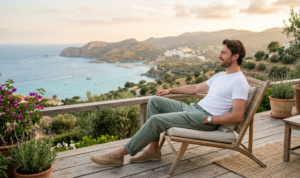 A relaxed portrait of a man sitting on a weathered wooden terrace, gazing at a sweeping Mediterranean coastal landscape during golden hour, wearing sage-green linen trousers and beige suede loafers.
