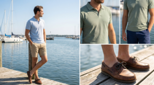 A three-panel summery collage featuring men near a marina wearing light blue and sage green polo shirts, shorts, and brown leather boat shoes on a weathered wooden dock.