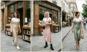 A three-panel triptych of women walking past a Parisian bookstore. Left: A woman in a champagne satin slip dress layered over a white tee. Middle: A woman in a blush pink slip dress over a white tee with black combat boots. Right: A woman in a sage green slip dress over a white tee carrying a straw bag.