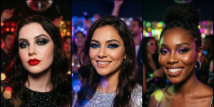 High-impact party night glam with bold smokey eyes, glitter, and vibrant lip colors for festive celebrations.