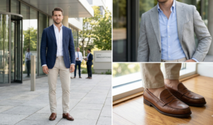 A three-panel smart casual collage showing men wearing unstructured blazers in navy and light grey over open-collar Oxford cloth button-down shirts, paired with chinos and brown leather penny loafers.