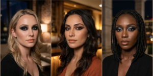 A triptych showing different smokey eye styles including traditional black, warm bronze, and metallic charcoal for evening events.