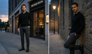 A vertical split-panel showing a man outside a restaurant at dusk wearing a fine-knit black polo shirt, charcoal slim chinos, and black leather Chelsea boots in moody urban lighting.