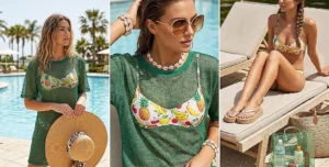 A three-panel image displays a minimalist Y2K resort outfit with green pants, a green mesh top, and a straw bag, showing front, full, and close-up views.