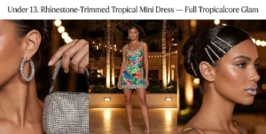 Four women in diverse Y2K tropical fashion outfits pose between a pool and lush garden with a pink text overlay, illustrating a blog feature on resort style.