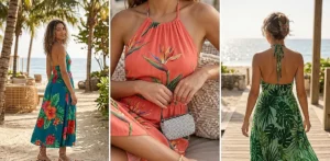 A three-panel image showing a woman in various tropical floral halter dresses, including blue long dress and orange top close-up, illustrating Y2K resort wear style on a beach.