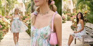 Soft tropicalcore fashion composite: Women wearing pastel floral babydoll dresses styled with chunky white sneakers, a butterfly choker, and a pink Y2K shoulder bag on a resort pathway.