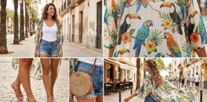 Casual tropicalcore street style composite: Women layering a sheer tropical bird print kimono over denim shorts and a white tank top, accessorized with strappy sandals and a woven round bag.
