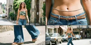A four-panel composite image capturing Y2K women's fashion: low-rise flare jeans, a palm print bandeau, a rhinestone belly chain, and platform espadrilles on a sunny street.