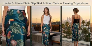 A three-panel image features a woman at a pool in a green mesh top over a floral bikini with orange pants and a straw bag, showcasing Y2K style cover-up.